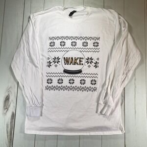 WAKE Shirt Mens Large White Long Sleeve Ugly Christmas Graphic Crewneck Gildan